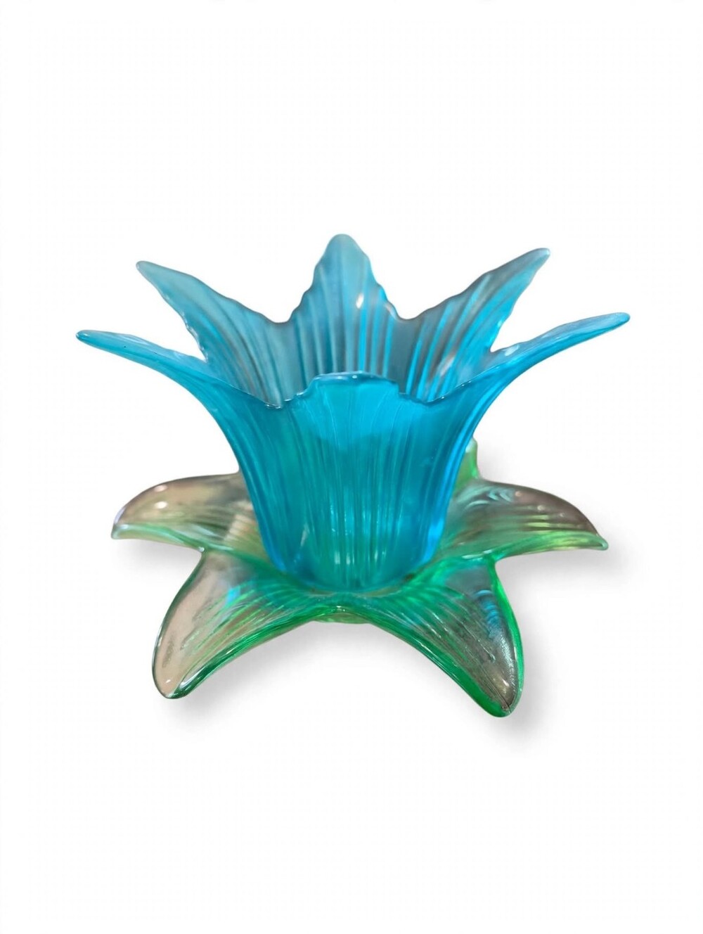 Vintage Blue Green Flower Glass Candle Holder 2 Piece Tulip Star Art Glass